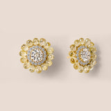 Old-Cut White Diamond and Yellow Diamond Briolette Floral Stud Earrings in Yellow Gold
