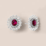 Oval-Shaped Unheated Ruby and White Diamond Briolette Floral Stud Earrings
