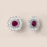 Cushion-Cut Unheated Ruby and White Diamond Briolette Floral Stud Earrings