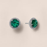 Round Colombian Emerald and Diamond Halo Stud Earrings