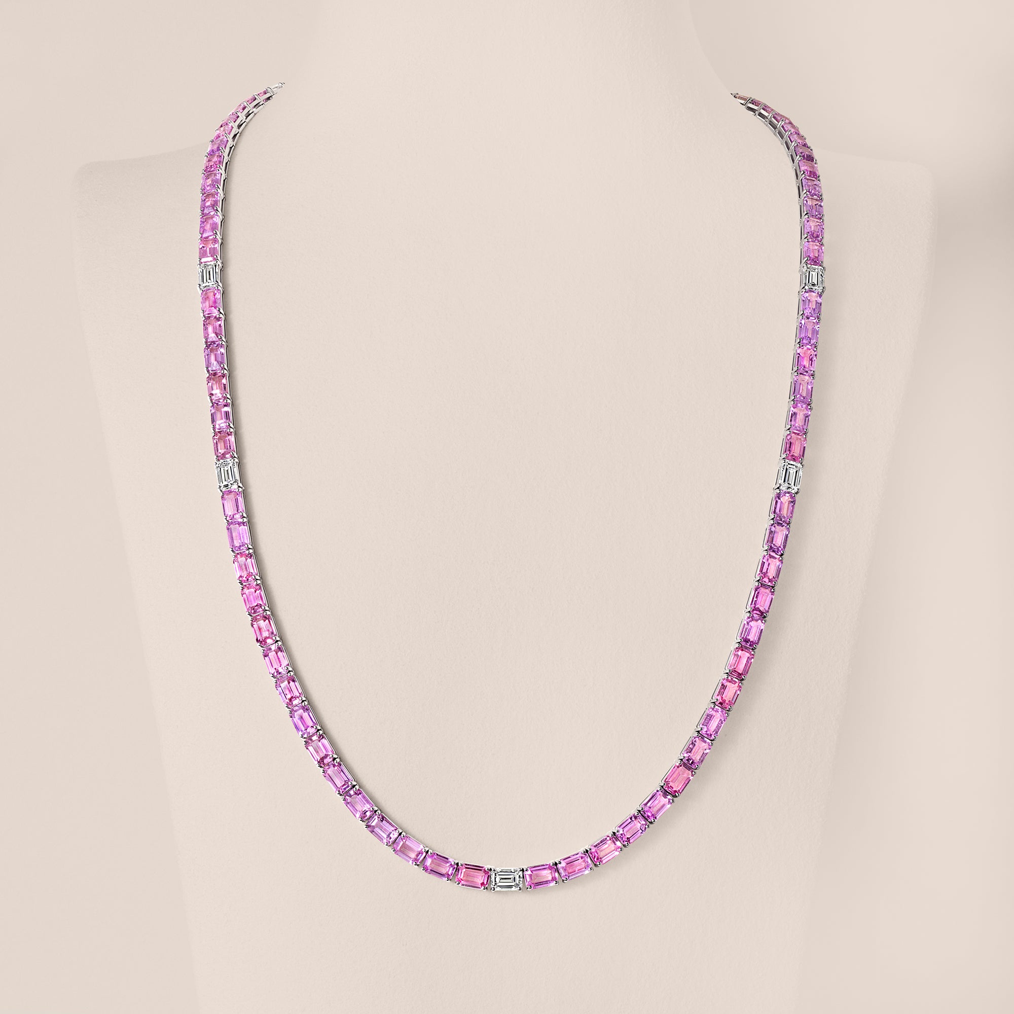 Unheated Emerald-Cut Pink Sapphire and Diamond Tennis Necklace