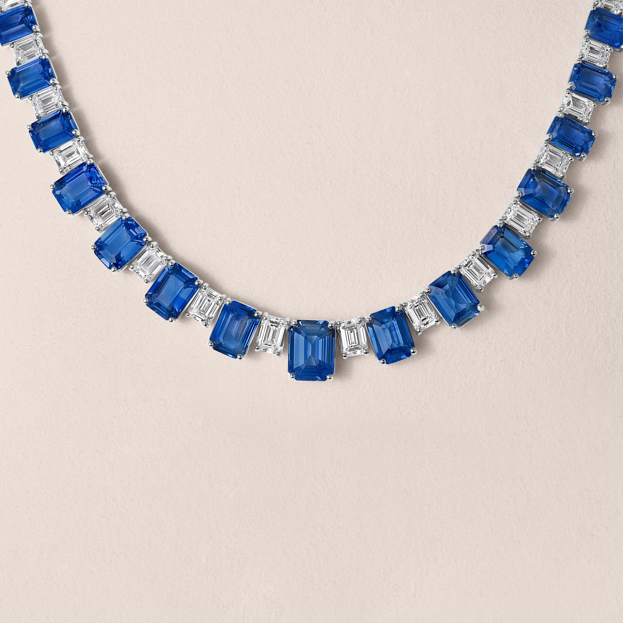 Alternating Emerald-Cut Blue Sapphire and Diamond Tennis Necklace