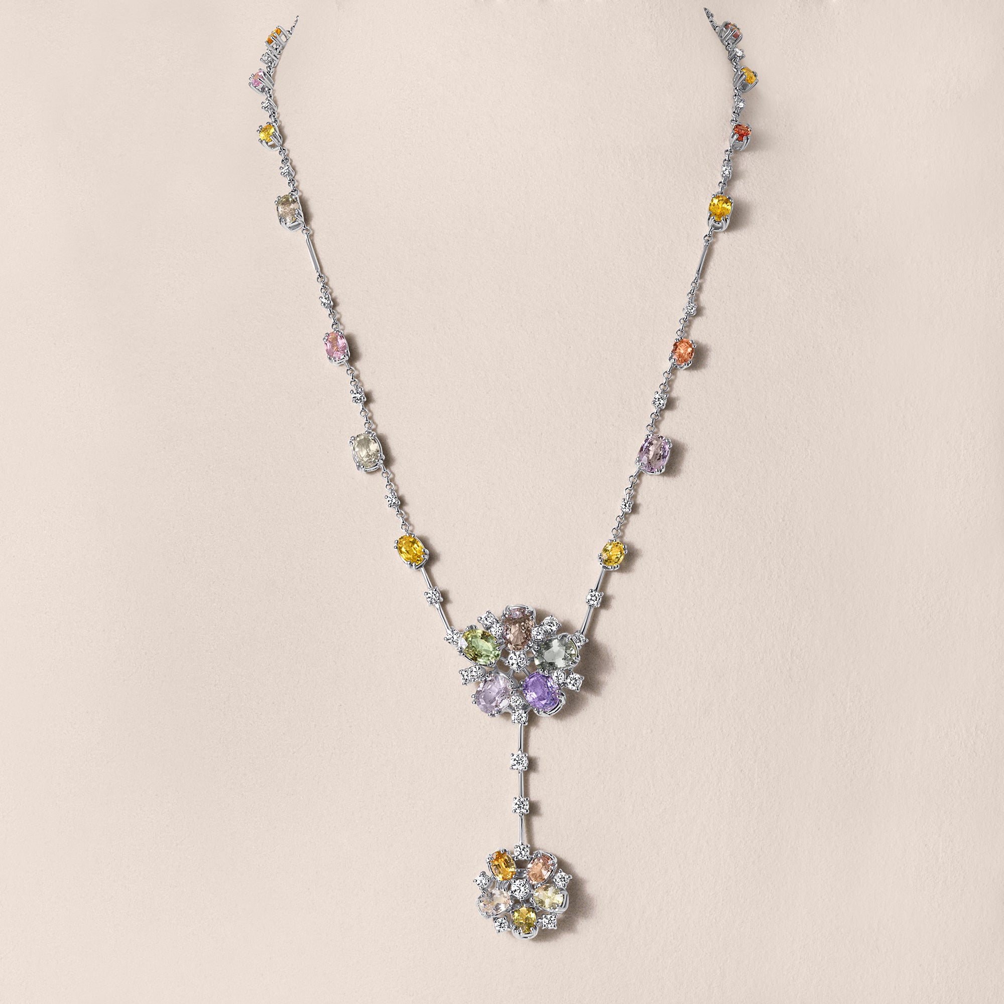 Multi-Colored Sapphire and Diamond Floral Lariat Necklace