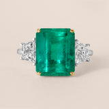 Colombian Emerald and Trapezoid Diamond Three-Stone Ring