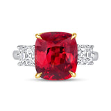 Cushion-Cut Red Sapphire and Tapered Baguette Diamond Three-Stone Ring