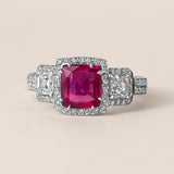 Pink Sapphire Halo Ring with Asscher Diamond Side Stones