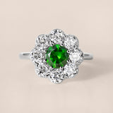 Demantoid and Diamond Flower Halo Ring