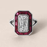 Ashoka-Cut Diamond and Ruby Halo Ring
