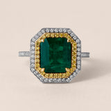 Intense Green Colombian Emerald Halo Ring with Yellow and White Diamonds