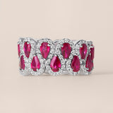 Two-Row Pear-Shaped Ruby and Diamond Halo Ring