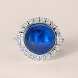 Round Cabochon Blue Sapphire and Diamond Halo Ring