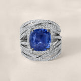 Cushion-Cut Blue Sapphire and Multi-Row Diamond Ring