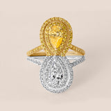 Fancy Yellow and White Pear Diamond Double Halo Toi et Moi Ring